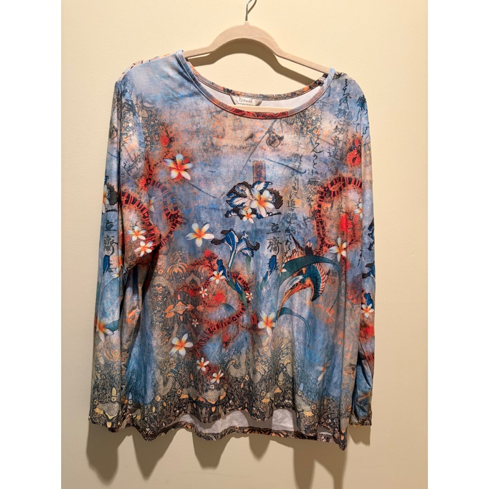 CJ Banks Christopher & Banks Womens 2X Long Sleeve Floral Calligraphy Top Blue
